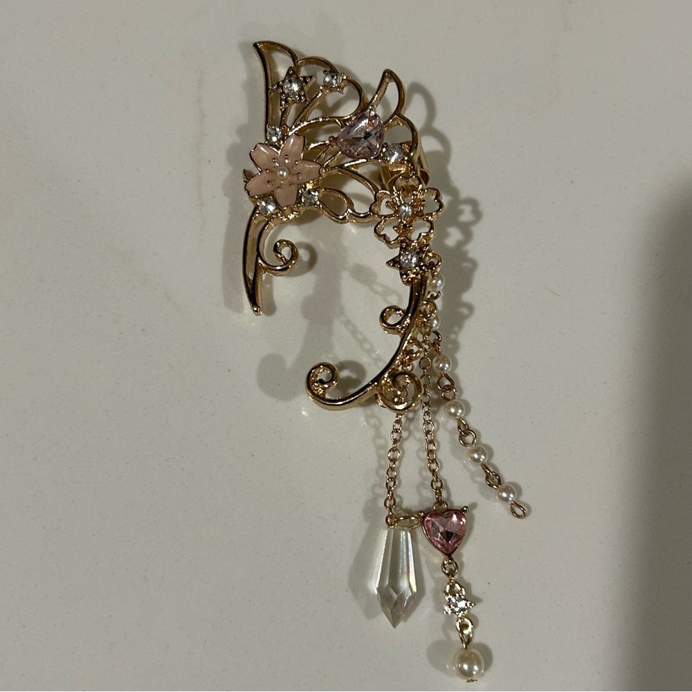 Elegant Floral Gold Tone and Pink Ear Cuff